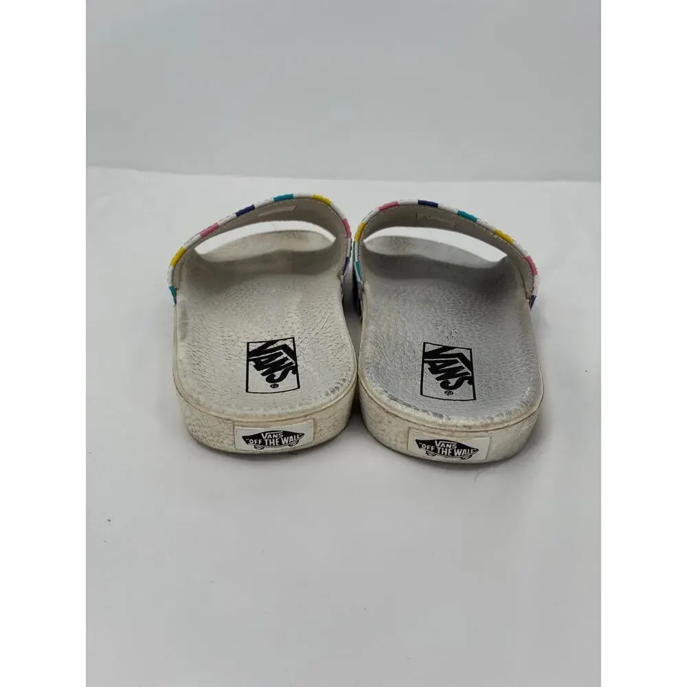 Vans Rainbow Checkered White Slides Sandals Play Condition 3.0 youth